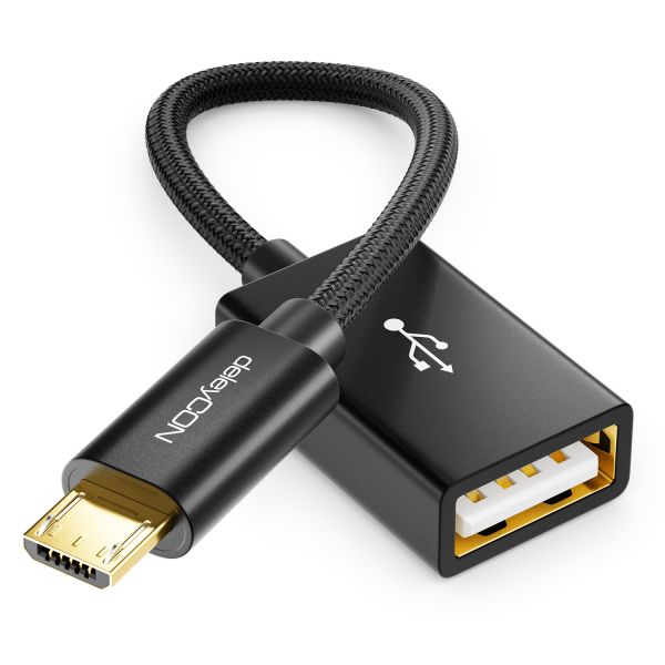 deleyCON 0,1m USB 2.0 OTG Adapter Nylon - Micro B-Stecker zu A-Buchse - Schwarz